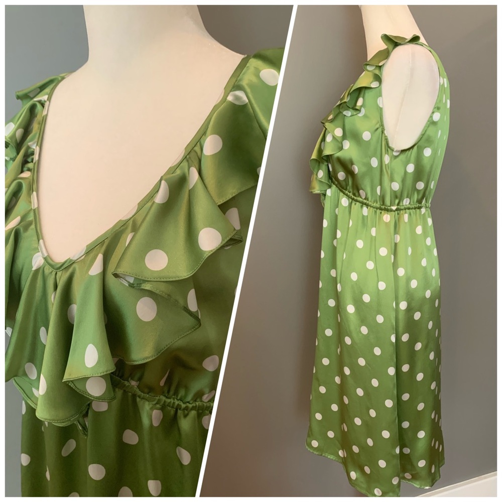 NWT Ann Taylor LOFT Dress, Green w/ white on-trend polka dots, Pure Silk…